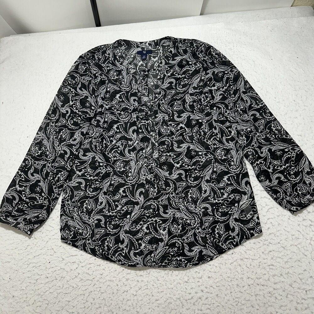 GAP Women's Large Lightweight Sheer Button Up Sheer Blouse Black + White Paisley
